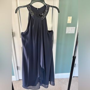 SLNY fashions New York formal mid length dress front draping,beaded collar